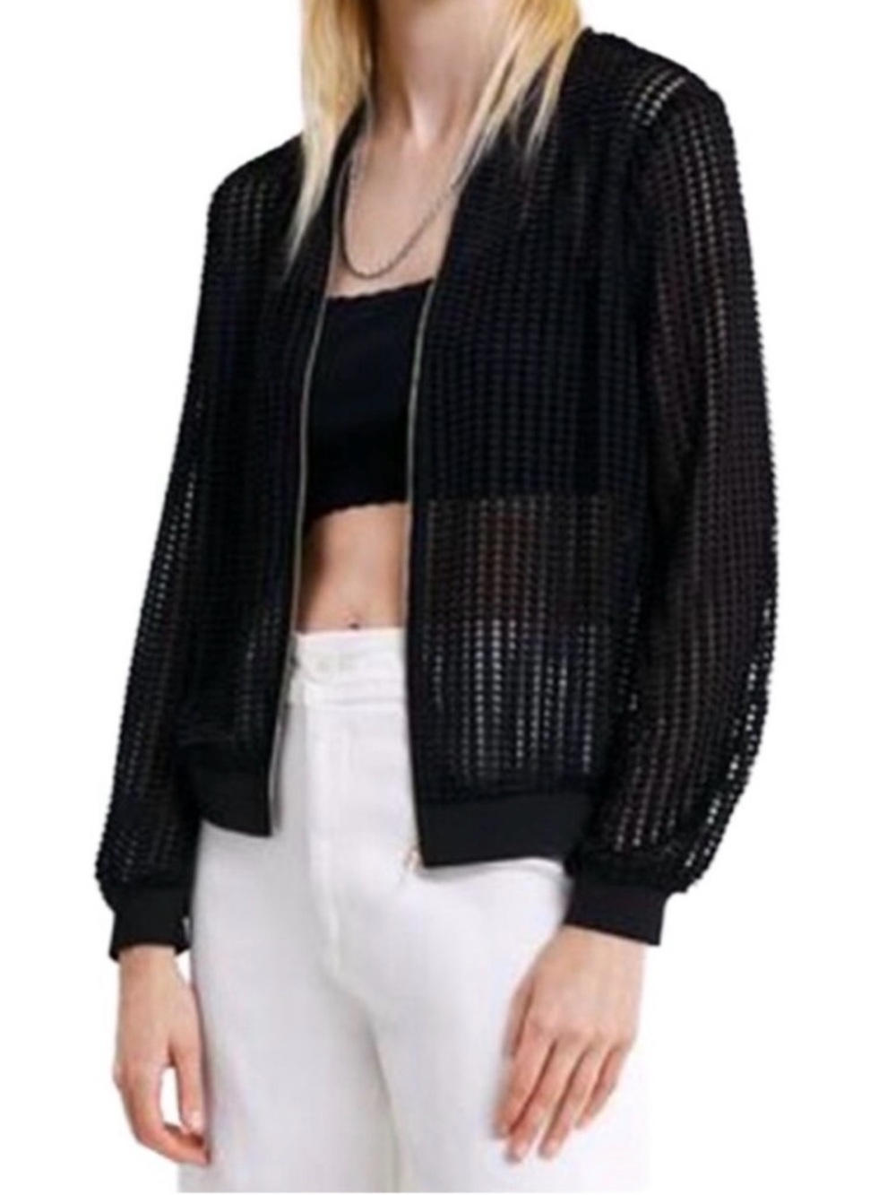 NWT ZARA Black Mesh Hooded Bomber Jacket